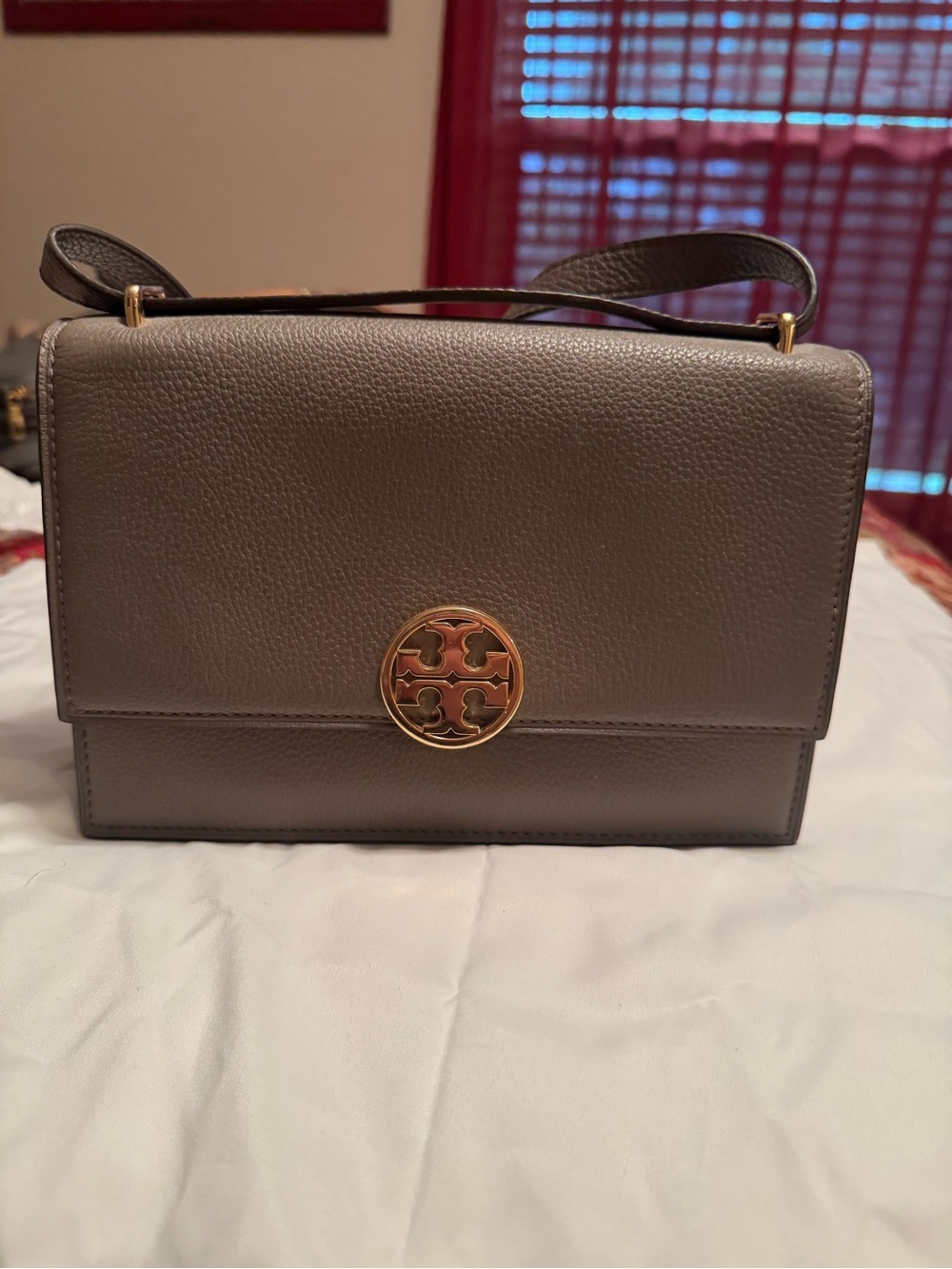 Tory Burch Taupe Leather Shoulder Bag with Gold Logo